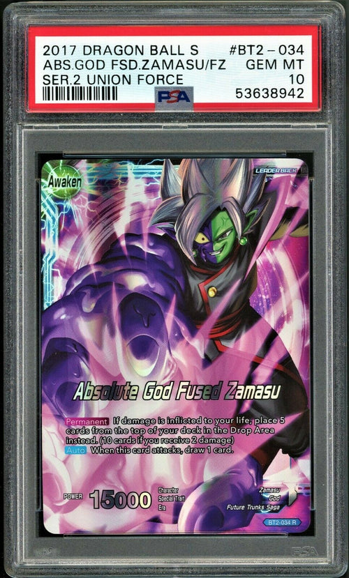 PSA 10 GEM MT 2017 DBS Absolute God Fused Zamasu - Ser 2 Union Force BT2-034