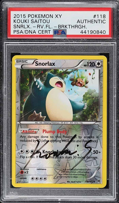 PSA AUTH 2015 Pokemon XY Breakthrough Rev Foil Snorlax Kouki Saitou AUTO #118