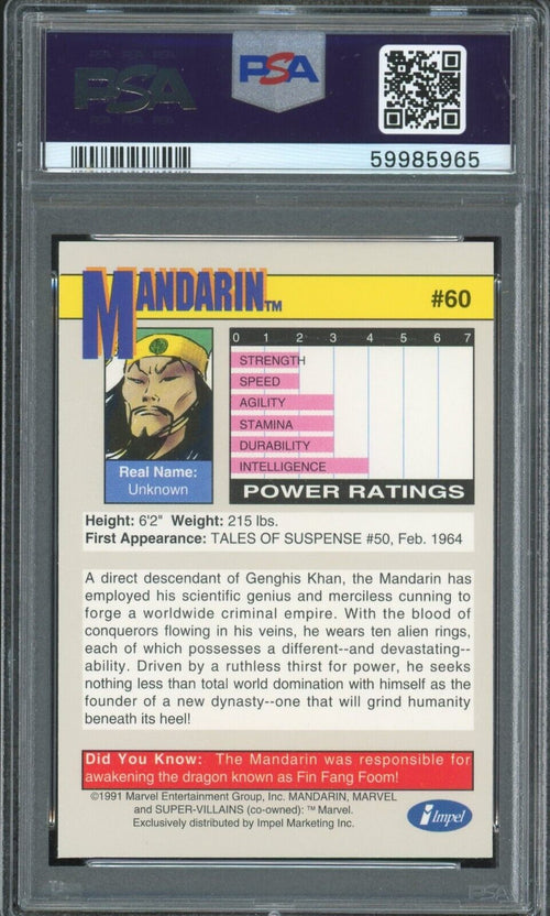 PSA 9 MINT 1991 Marvel Universe - Mandarin #60