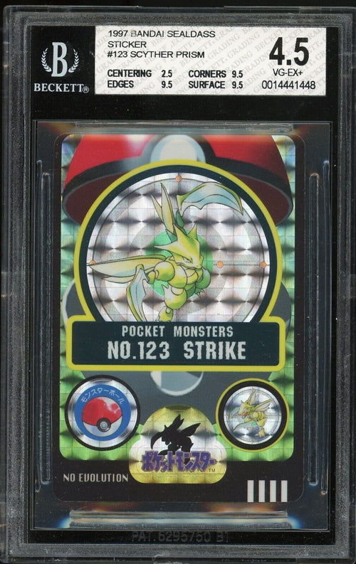 BGS 4.5 VG-EX+ 1997 Pokemon Bandai Sealddass Sticker - Scyther Prism #123