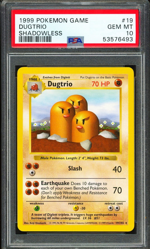 PSA 10 - 1999 POKEMON BASE SET SHADOWLESS - DUGTRIO #19