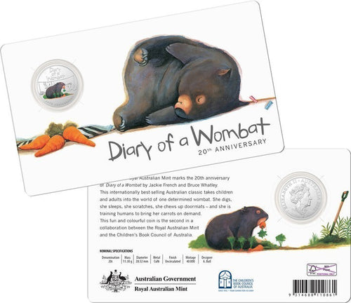 2022 20th Anniversary Diary of a Wombat 20c CuNi coloured unc Coin in Card