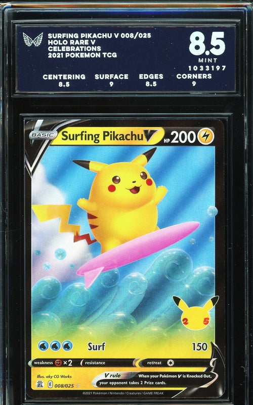 ARK 8.5 - 2021 Celebrations Pokemon TCG Surfing Pikachu V 008 Holo Rare V
