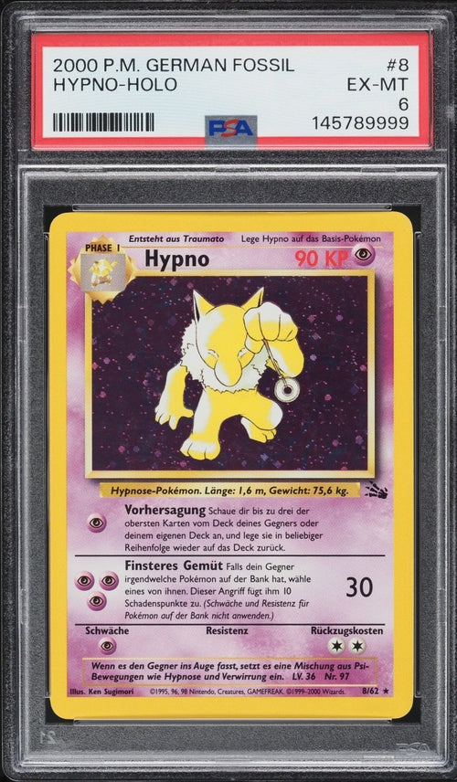 PSA 6 - 2000 Pokemon German Fossil Holo Hypno #8 - GERMAN